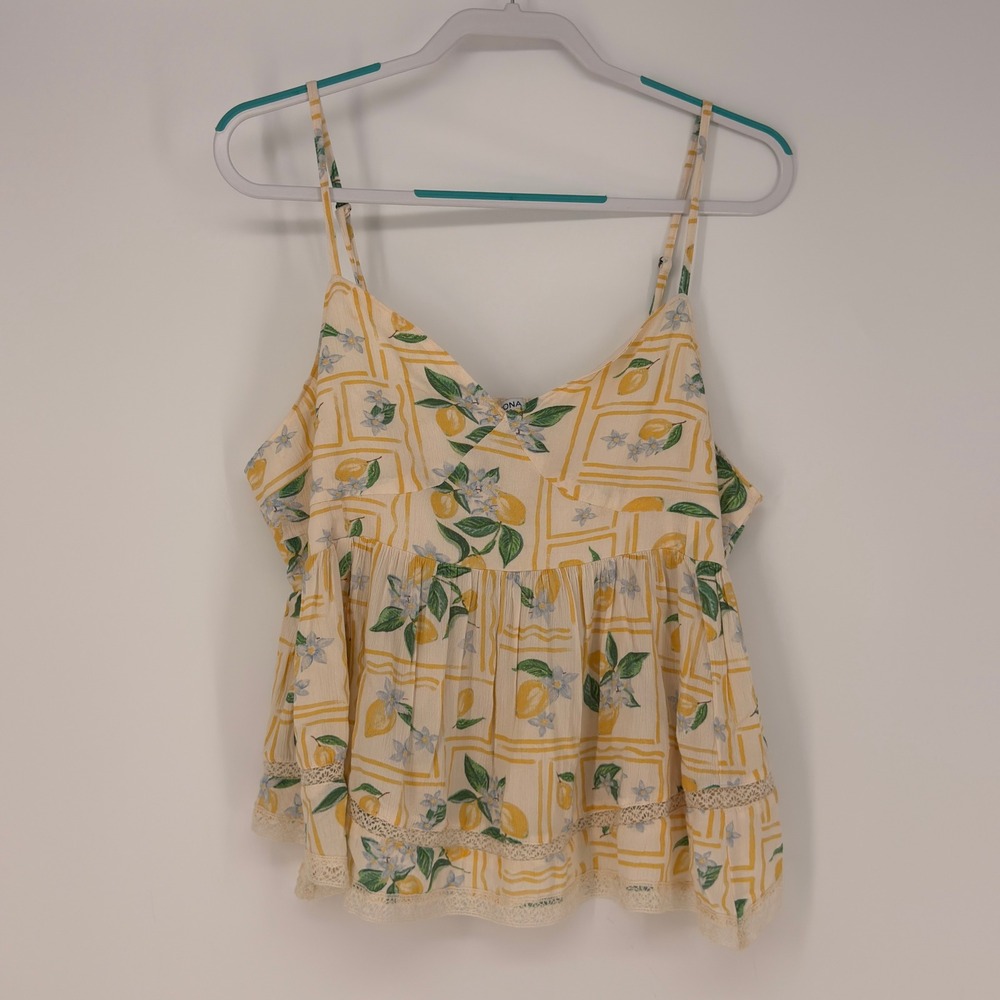 Arizona Jean Co Cami Top Women XL Yellow Lemon Print Lace Boho Cottagecore Fruit
